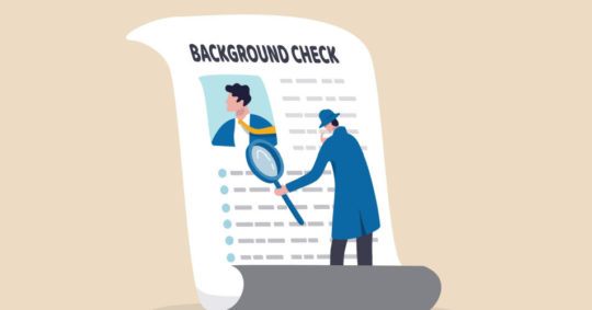 Cartoon background check with detective and magnifying glass
