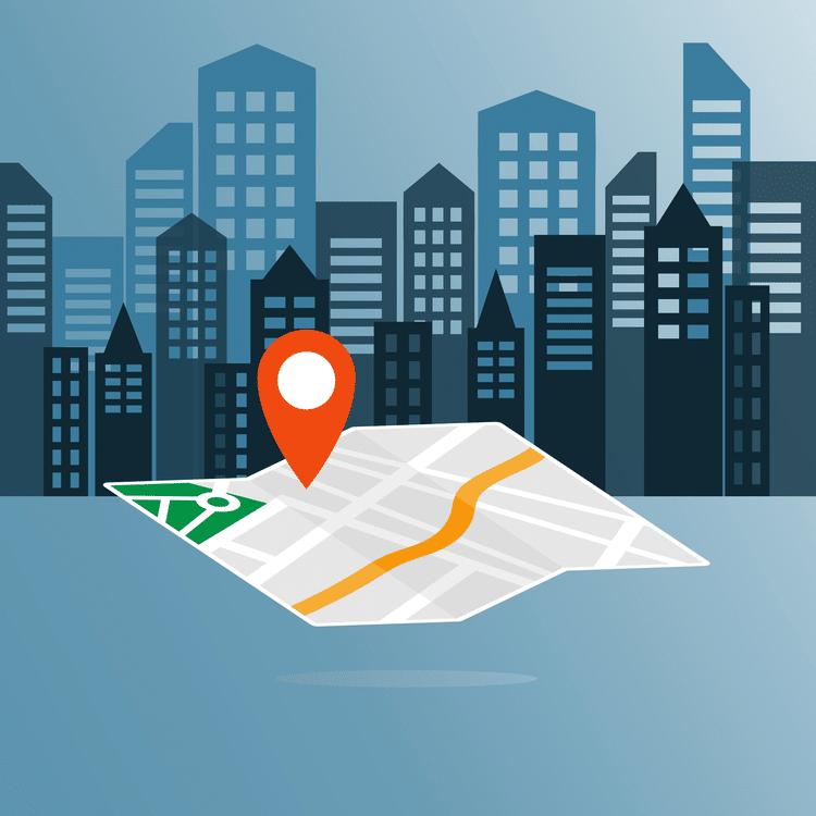 illustrated map with GPS pin by city