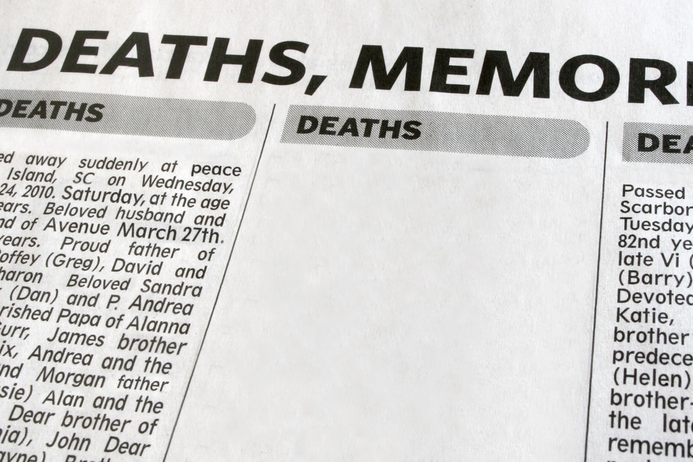 Newspaper advertisement displaying obituaries