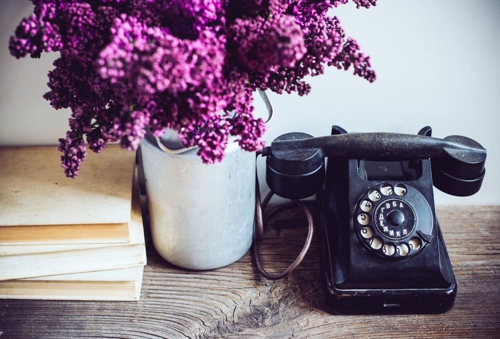 rotary phone with flowers and books