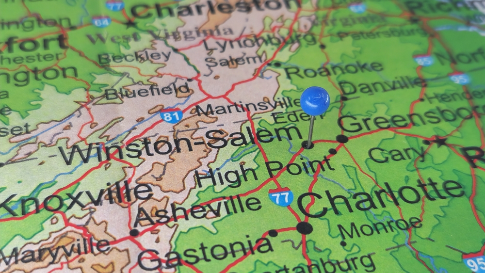 blue location pin North Carolina map